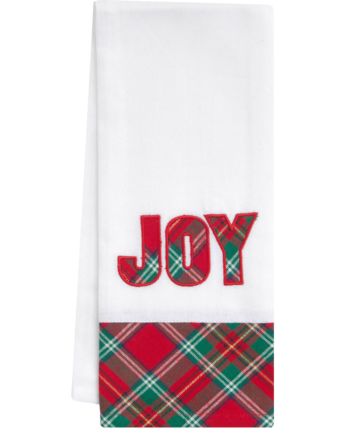 A white kitchen towel featuring the word 'JOY' embroidered in red with a green and red tartan plaid pattern, finished with a matching tartan plaid border at the bottom.