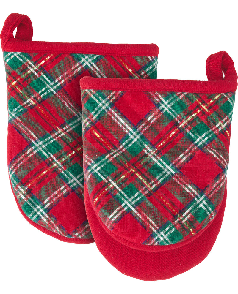 A pair of holiday-themed oven mitts featuring a red, green, and brown tartan plaid pattern with solid red trim and handles, shown on a plain white background.