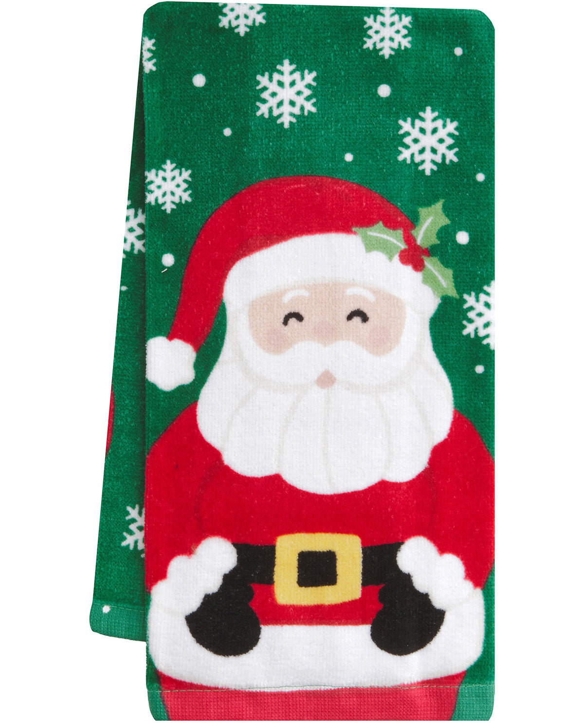 A green Christmas-themed towel featuring a large embroidered Santa Claus face and body, with white snowflakes and dots on a green background.