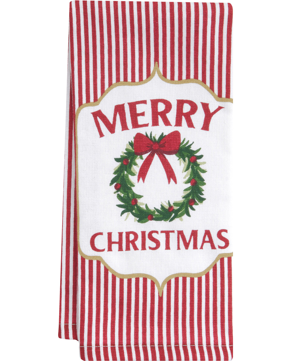 A folded red and white striped kitchen towel featuring a festive white label with 'MERRY CHRISTMAS' in red text and a green wreath with a red bow.