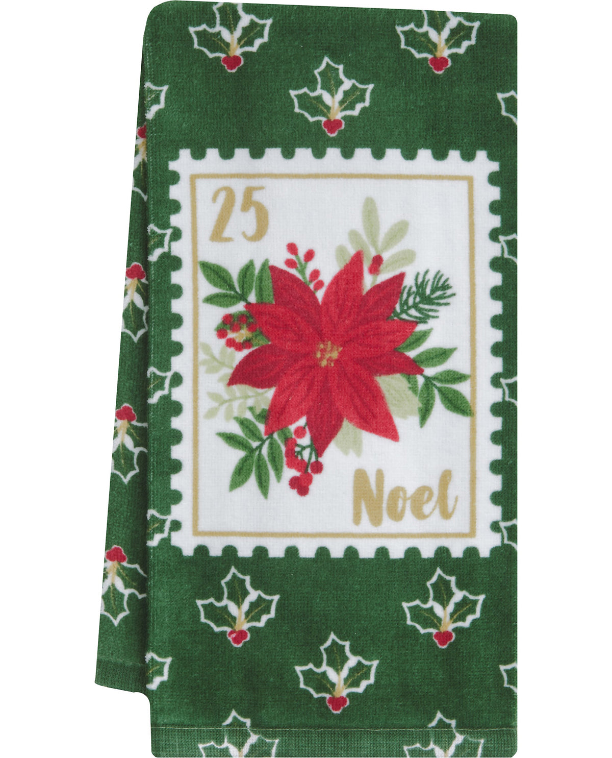 A green holiday kitchen towel featuring a central white postage-stamp-like panel with a red poinsettia, green leaves, the number 25, and the word Noel in gold. The towel is folded to show the patterned green fabric with holly motifs.