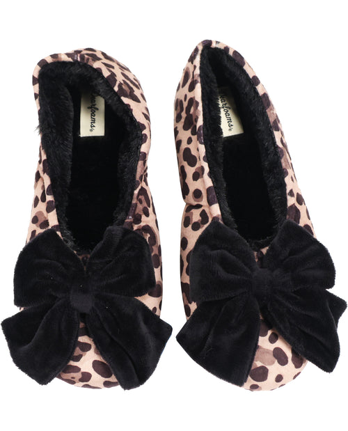 A pair of slip-on slippers with a beige and brown leopard print pattern, featuring a large black velvet bow on the front and a black plush faux-fur lining, shown against a plain white background.