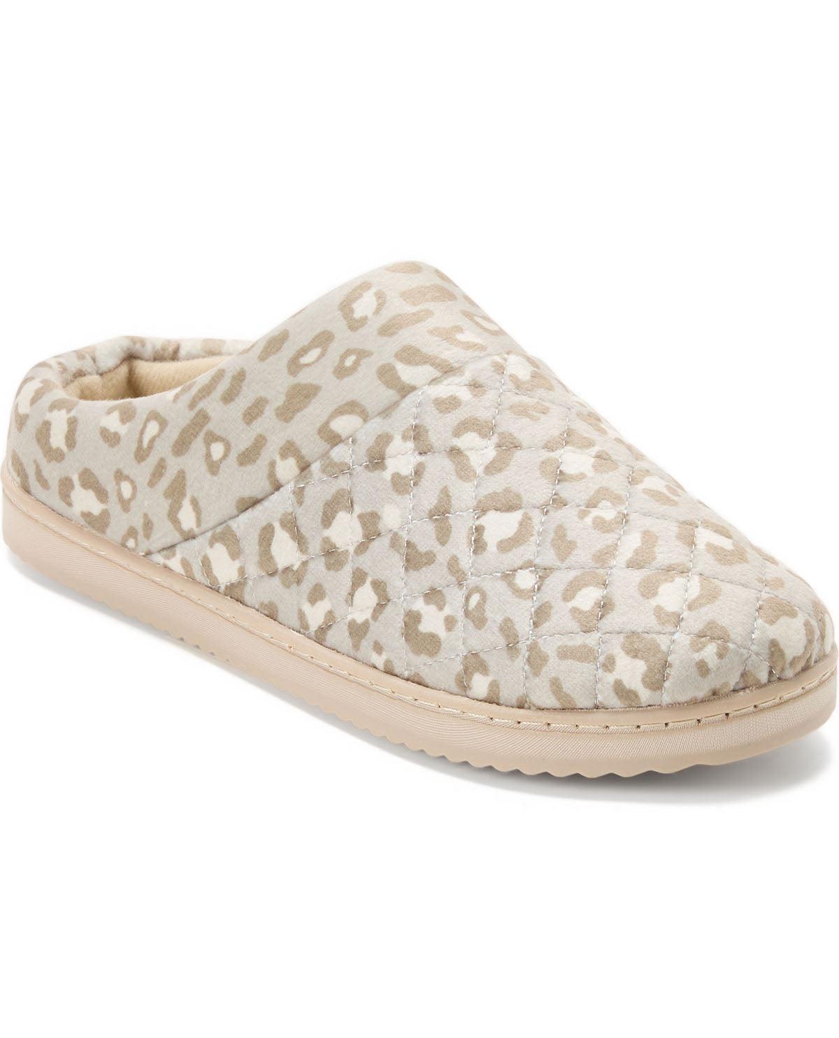 A slip-on quilted slipper in a beige and cream leopard print pattern with a light tan sole, shown from a three-quarters angle on a white background.