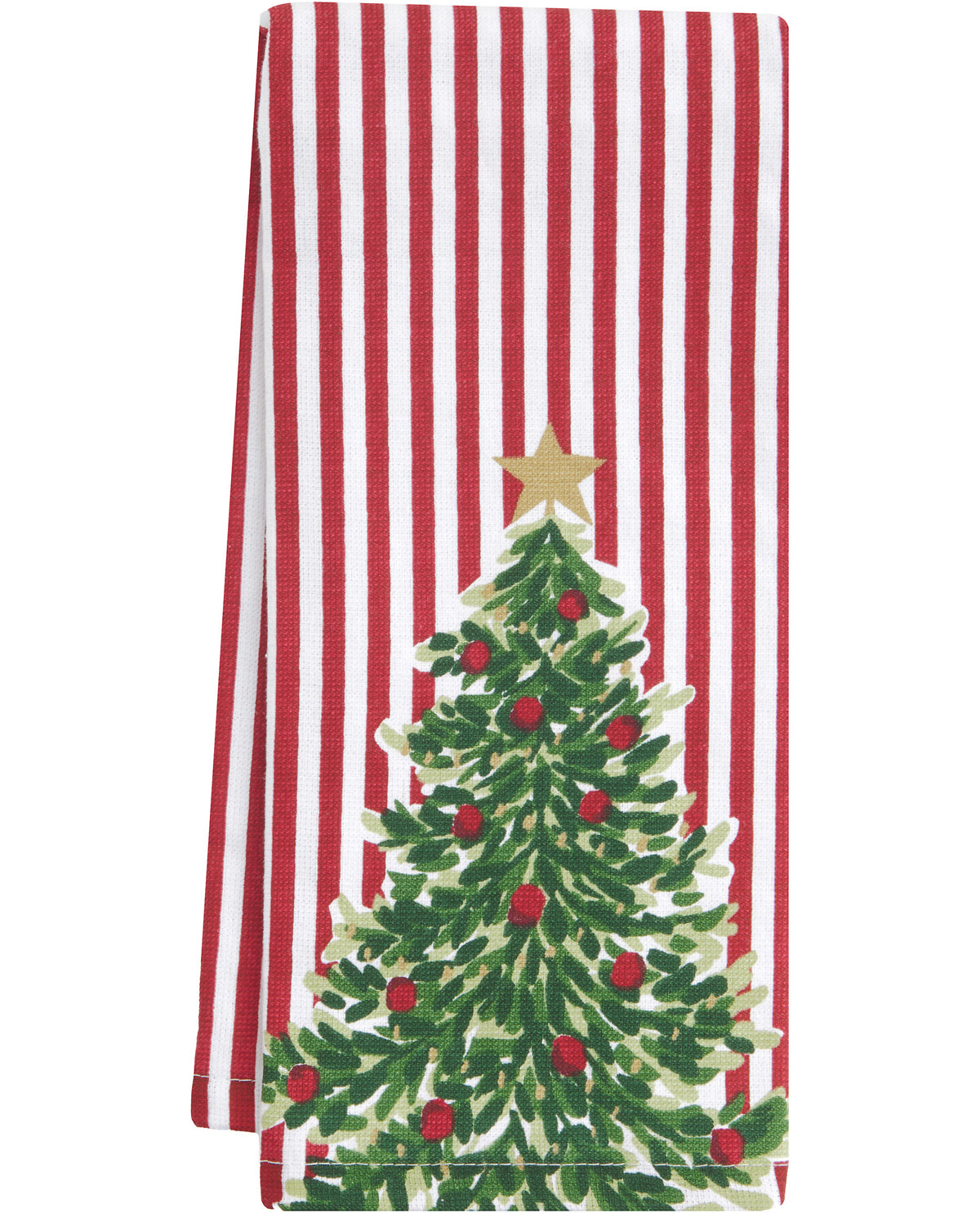 A festive kitchen towel featuring a green Christmas tree with red ornaments and a gold star, set against a red and white striped background.