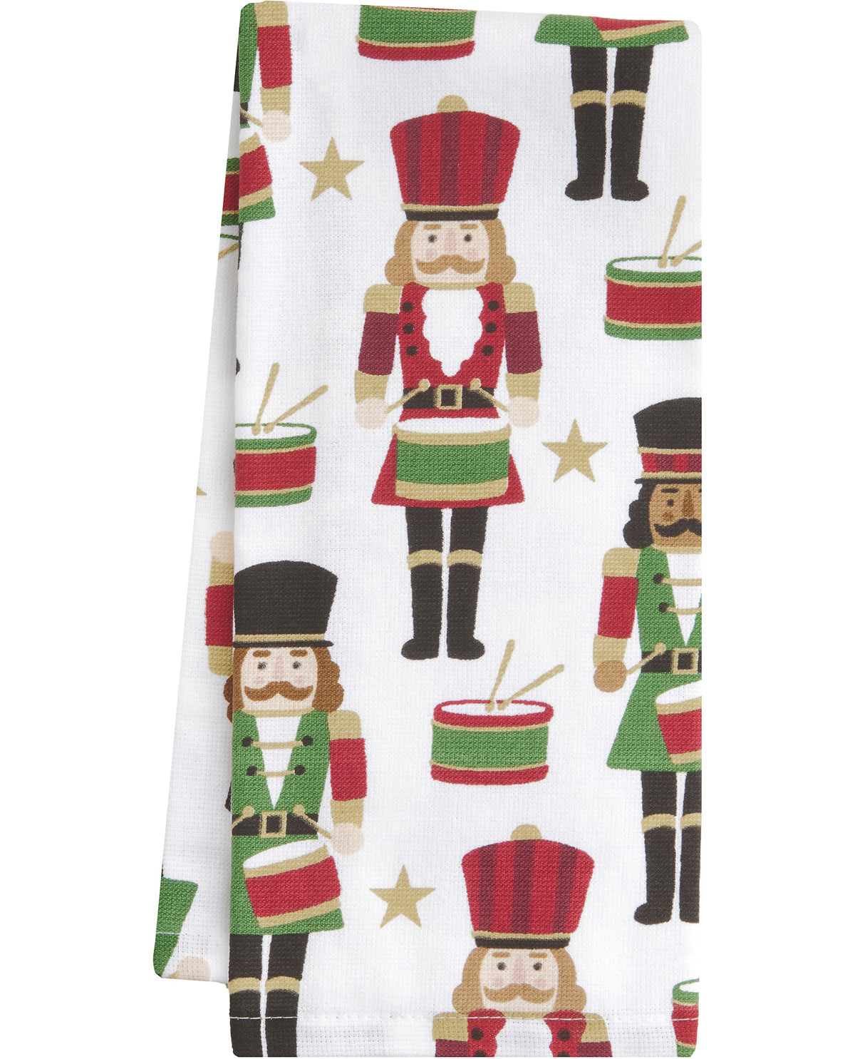 A white kitchen towel featuring a festive pattern of nutcracker soldiers and drum cans in red, green, black, and gold.