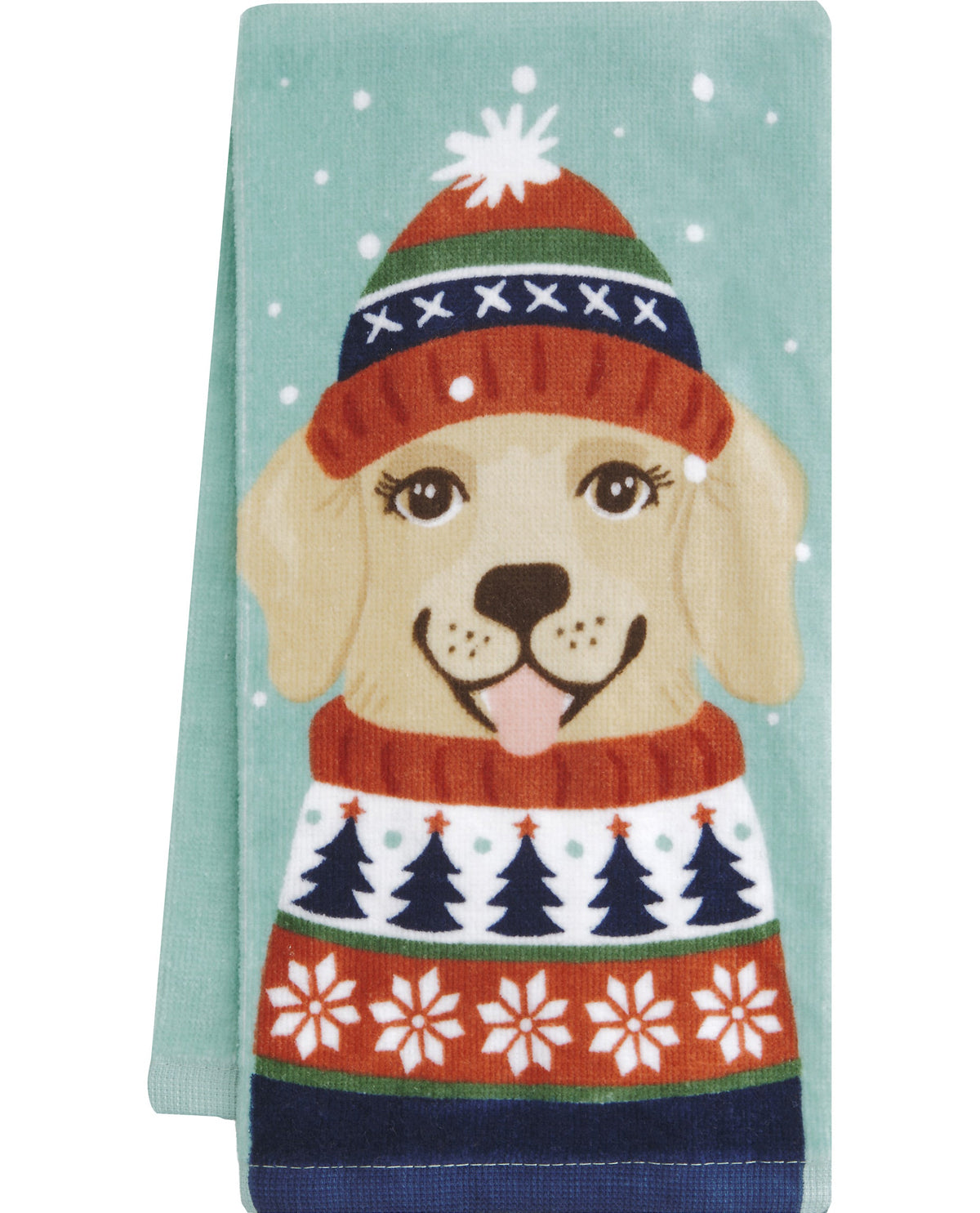 A folded light blue kitchen towel featuring a cartoon Labrador retriever wearing a red, green, and navy knit beanie and a matching holiday sweater with white snowflakes and Christmas trees.