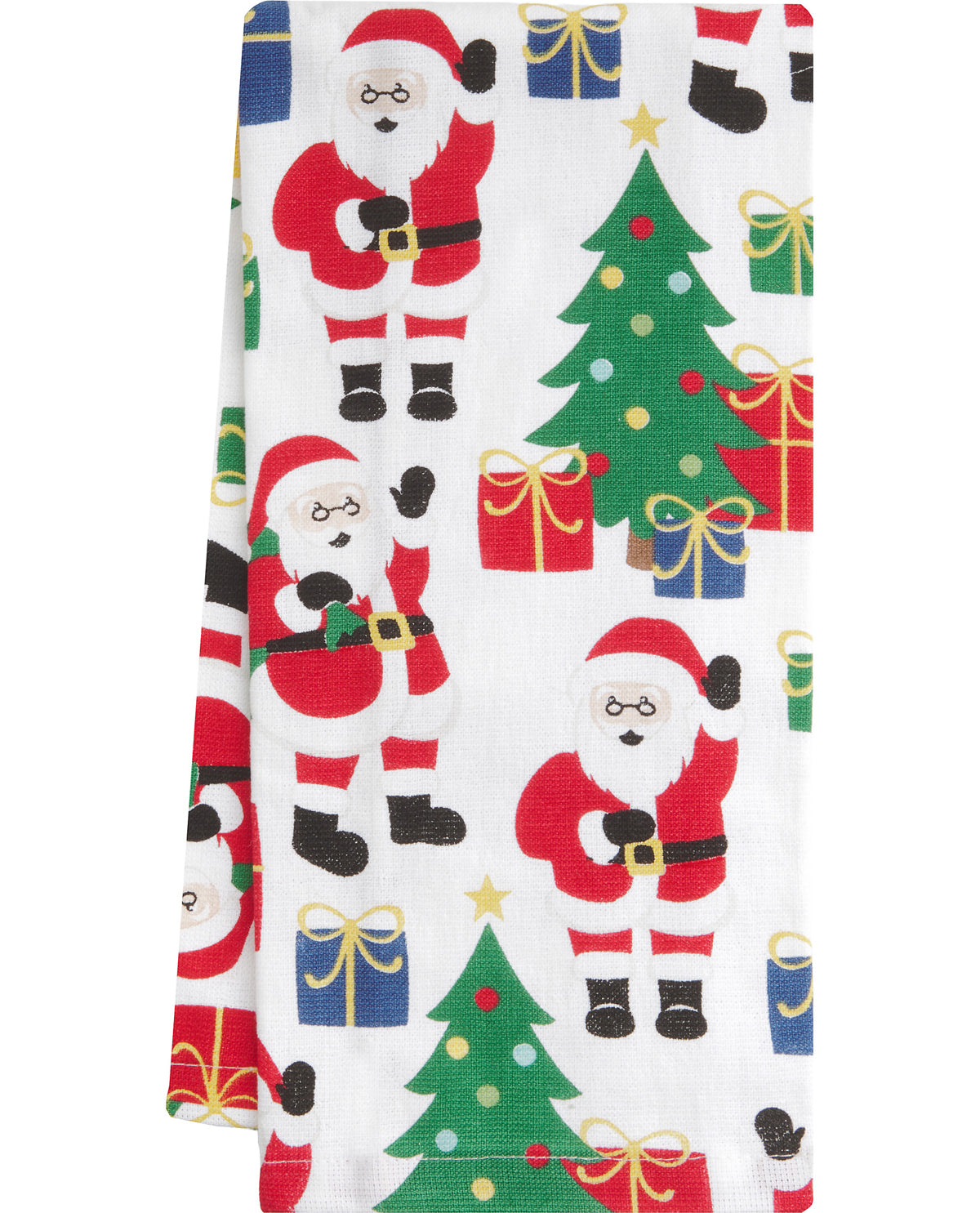 A white kitchen towel featuring a festive Christmas pattern with Santa Claus, decorated Christmas trees, and wrapped gifts.