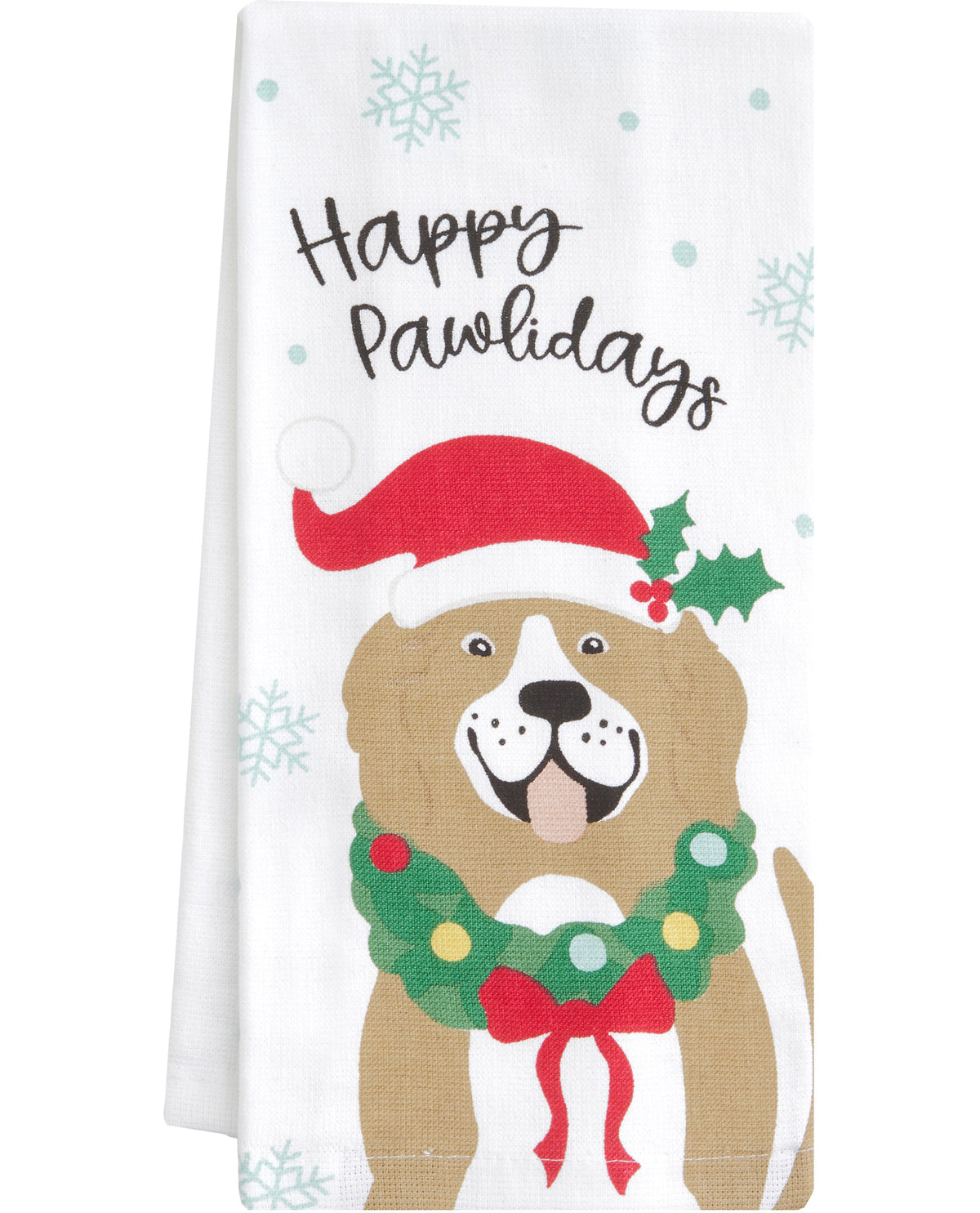 A white kitchen towel featuring a festive Christmas design with the text 'Happy Pawlidays' above a cartoon dog wearing a red Santa hat and green holiday wreath.