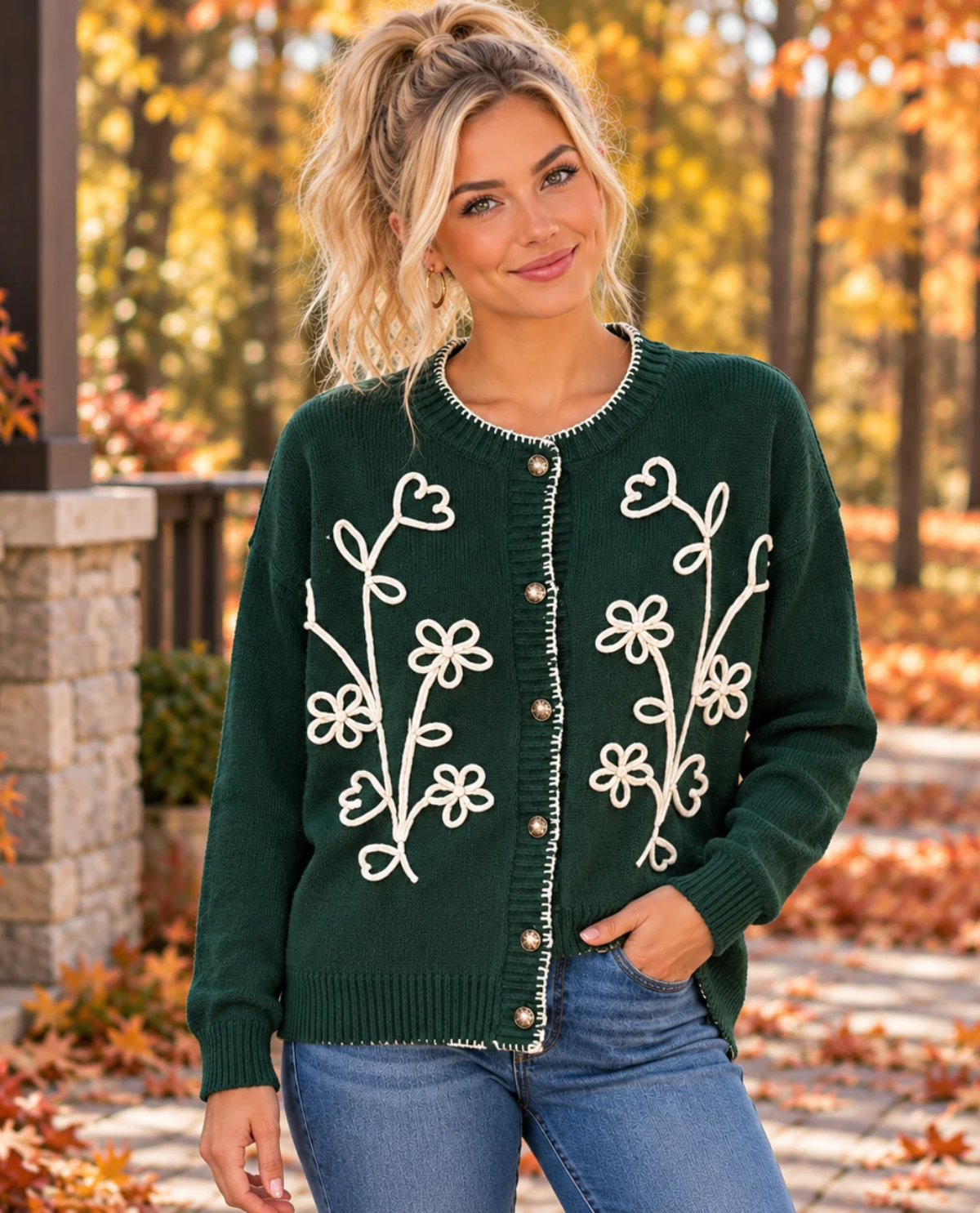 Oddi Cardigan Sweater With Floral Vine Embroidery Green