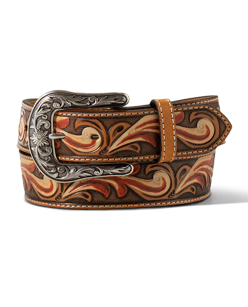 A western-style tooled leather belt with a silver engraved buckle, featuring brown, tan, and orange floral scrollwork on a dark brown base.