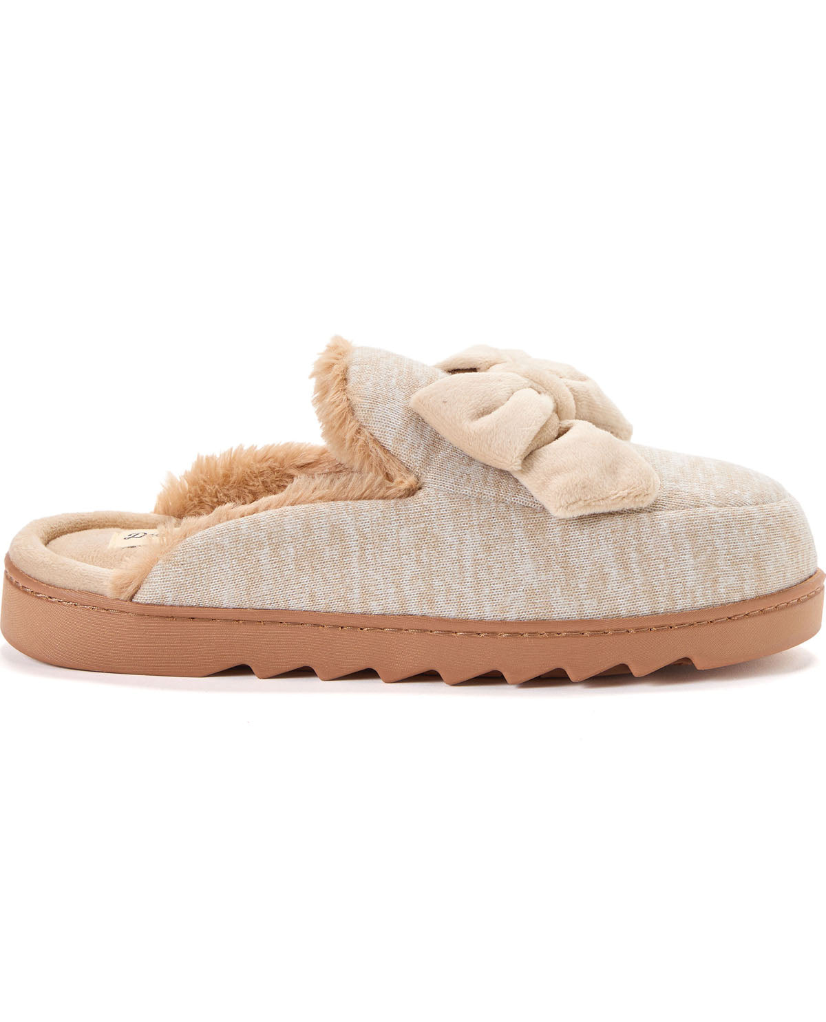 A single slip-on mule slipper in a light beige heathered fabric, featuring a plush tan faux-fur lining, a matching fabric bow on the vamp, and a tan wavy sole, shown against a plain white background.