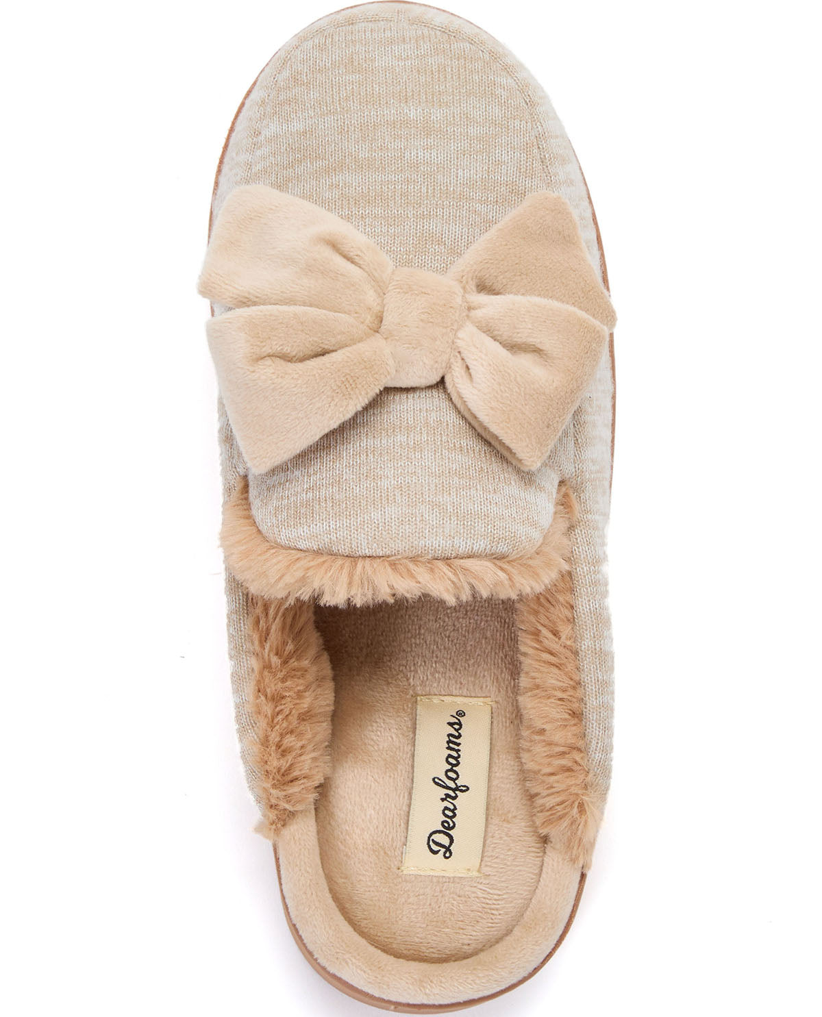 A single beige slipper with a large plush bow on the toe, fuzzy trim around the opening, and a visible 'Dearfames' brand label on the insole, shown against a plain white background.