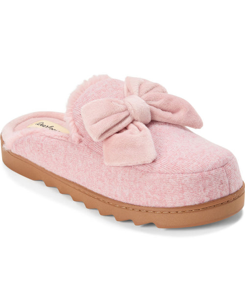 A single light pink slip-on mule slipper with a large matching bow on the top, a textured fabric upper, and a tan sole, shown on a white background.