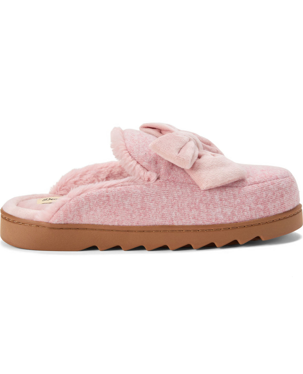 A single light pink slip-on mule slipper with a fuzzy bow detail on the top, a textured pink fabric upper, and a brown gum sole, shown against a plain white background.