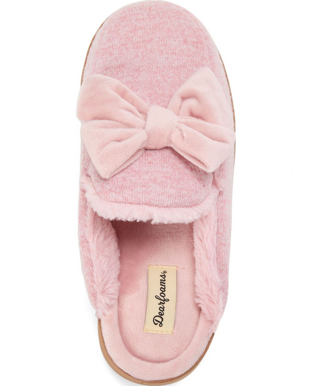 A single light pink slip-on slouchy house slipper with a plush fuzzy bow on the upper, a soft fuzzy trim, and a visible 'Dearfoams' brand label on the insole, shown against a plain white background.