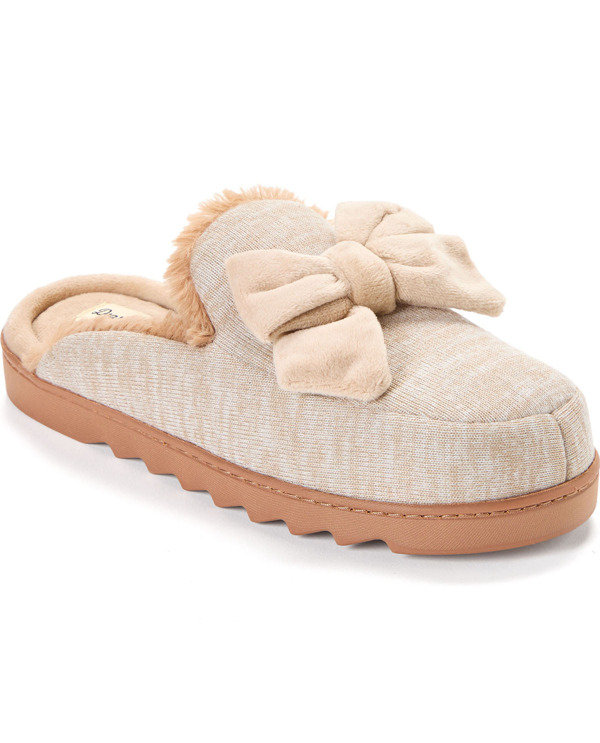A single slip-on mule slipper in a light beige textured fabric with a large matching fabric bow on top, a tan faux-fur trim along the opening, and a tan ridged sole, shown on a white background.