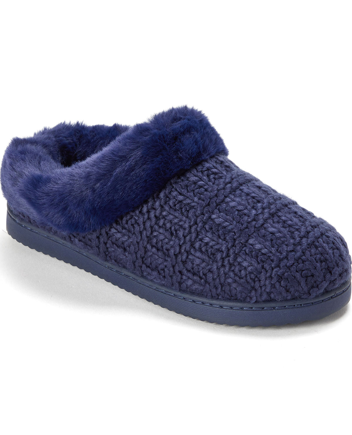 A single navy blue knit slipper with a plush faux-fur collar, shown from a three-quarters angle on a white background.
