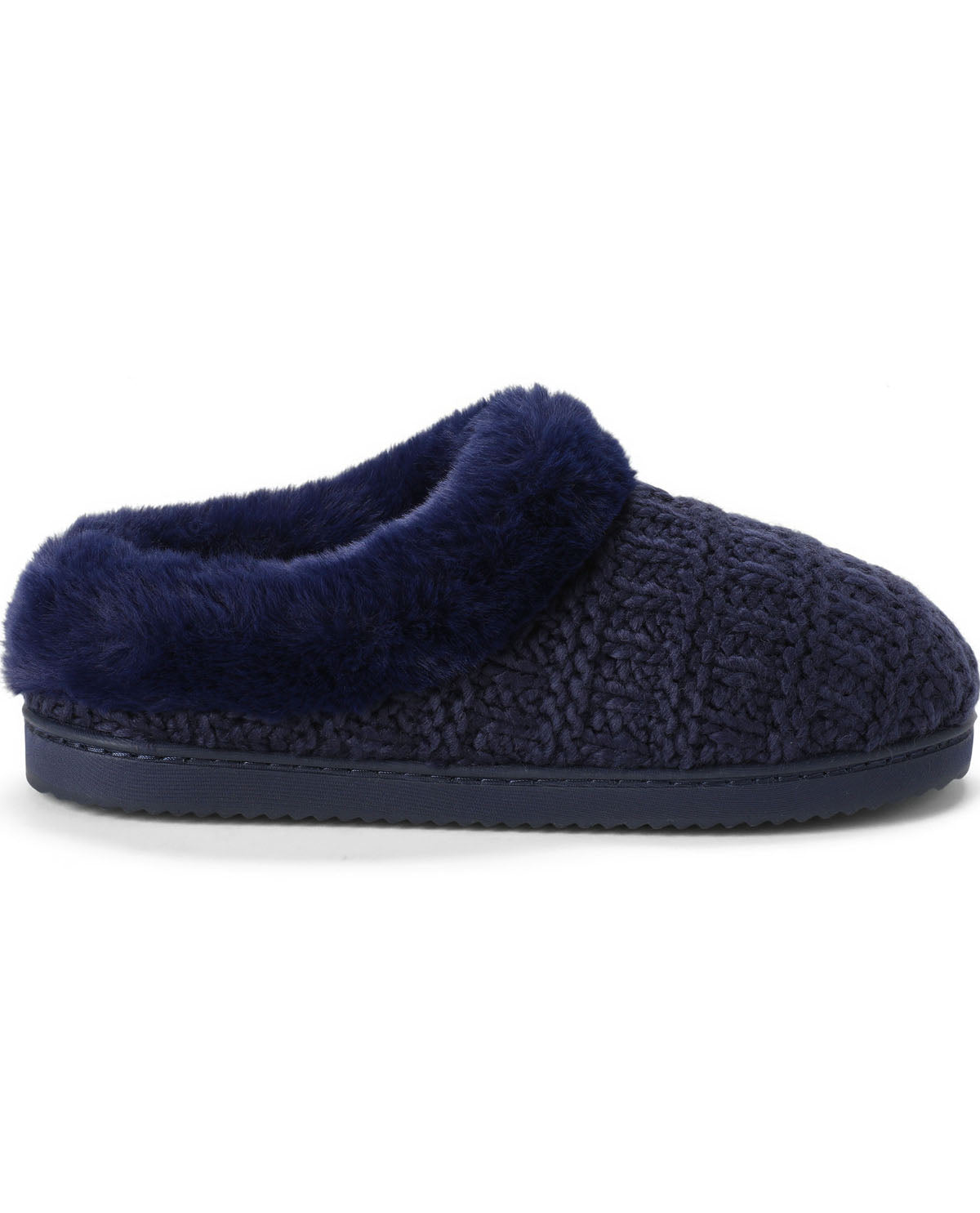 A single navy blue slipper with a textured knit body and a plush faux-fur collar, shown from a side profile on a white background.