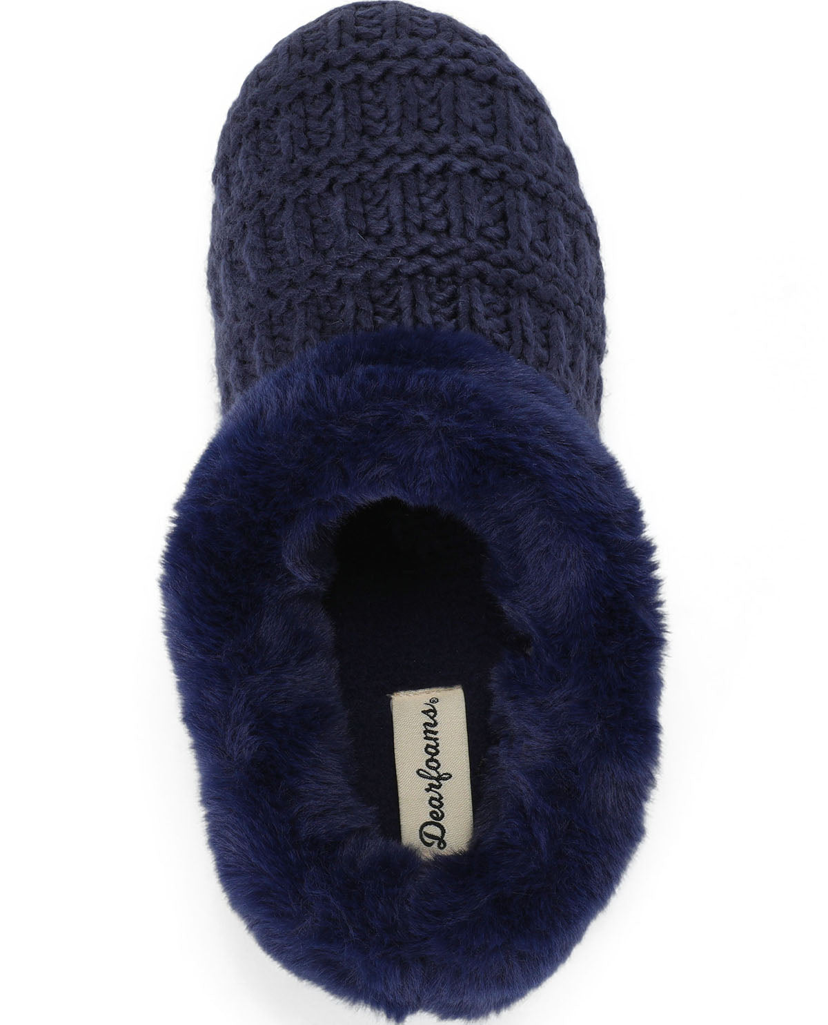A single navy blue knit slipper with a plush faux-fur trim, shown from a top-down view on a white background. A cream-colored 'Dearfoamer' brand tag is visible inside the opening.