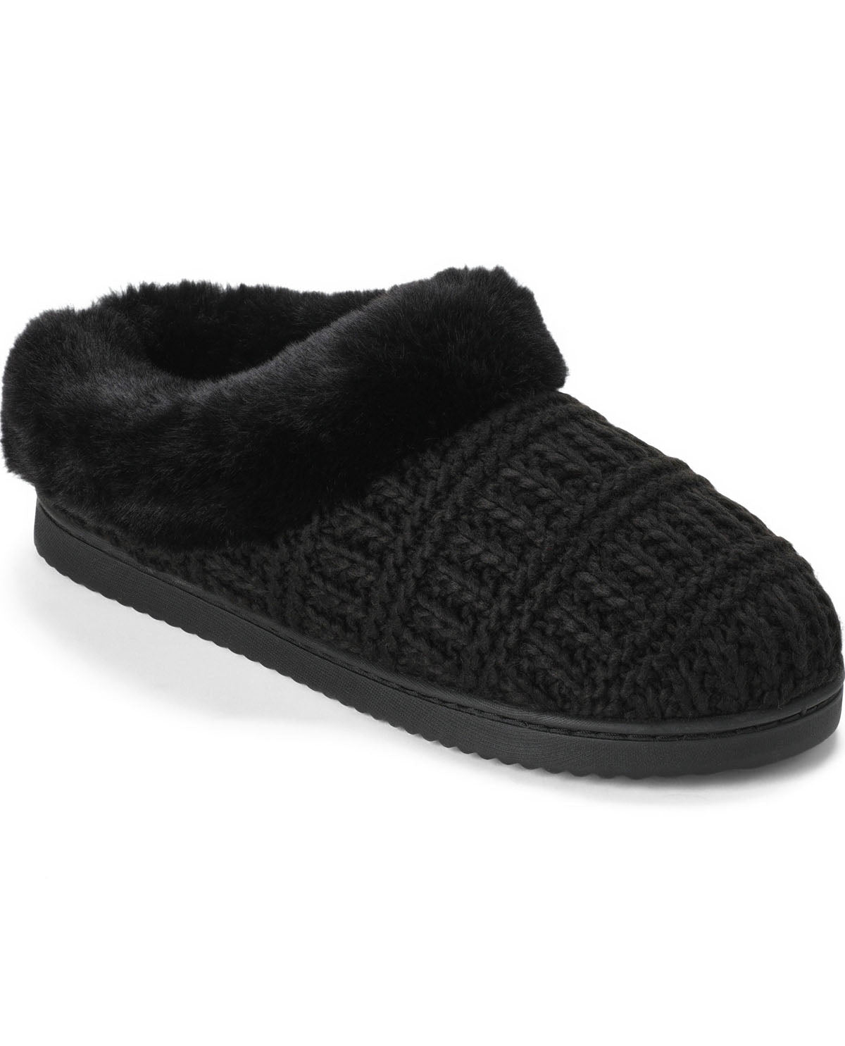 A single black knit slipper with a plush faux-fur trim around the opening and a black sole, shown on a white background.