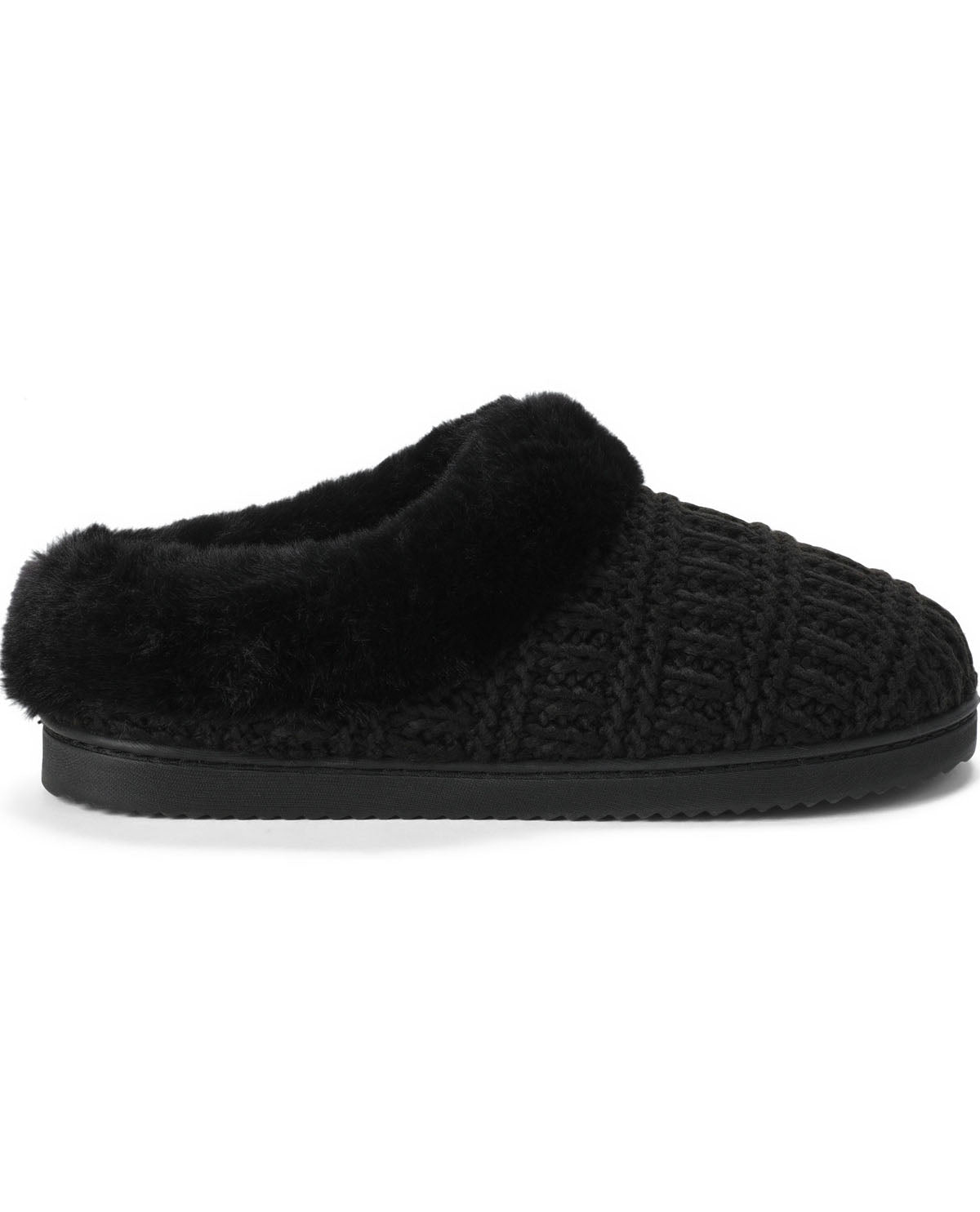 A single black knit slipper with a plush faux-fur collar, shown in a side profile against a plain white background.