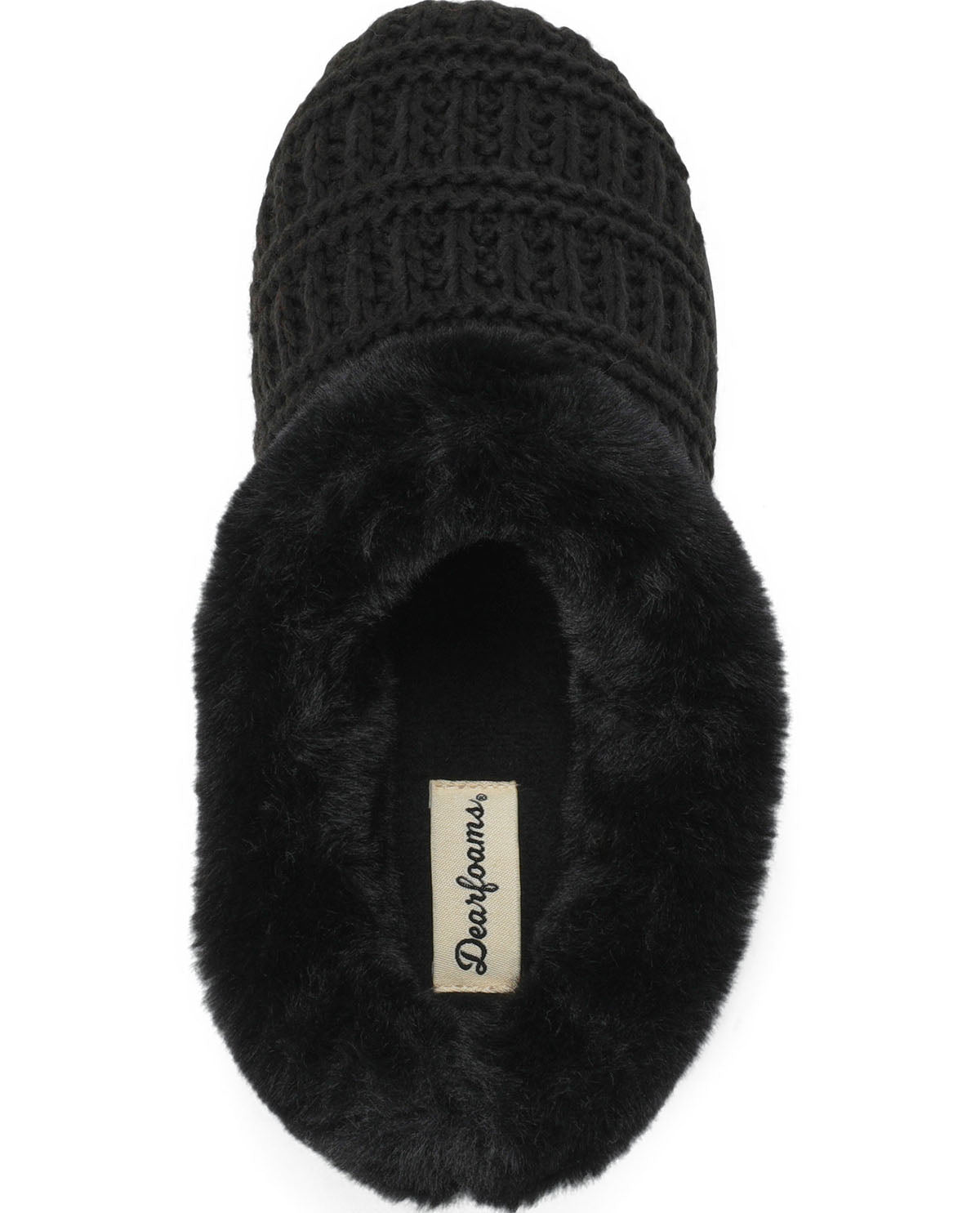 A single black knit slipper with a plush faux fur trim, shown from a top-down view on a white background. A beige brand label reading 'Dearfoams' is visible on the inner sole.