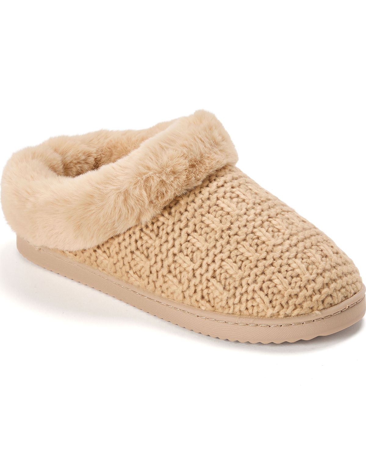 A single beige knit slipper with a soft faux-fur collar and a matching beige sole, shown on a clean white background.