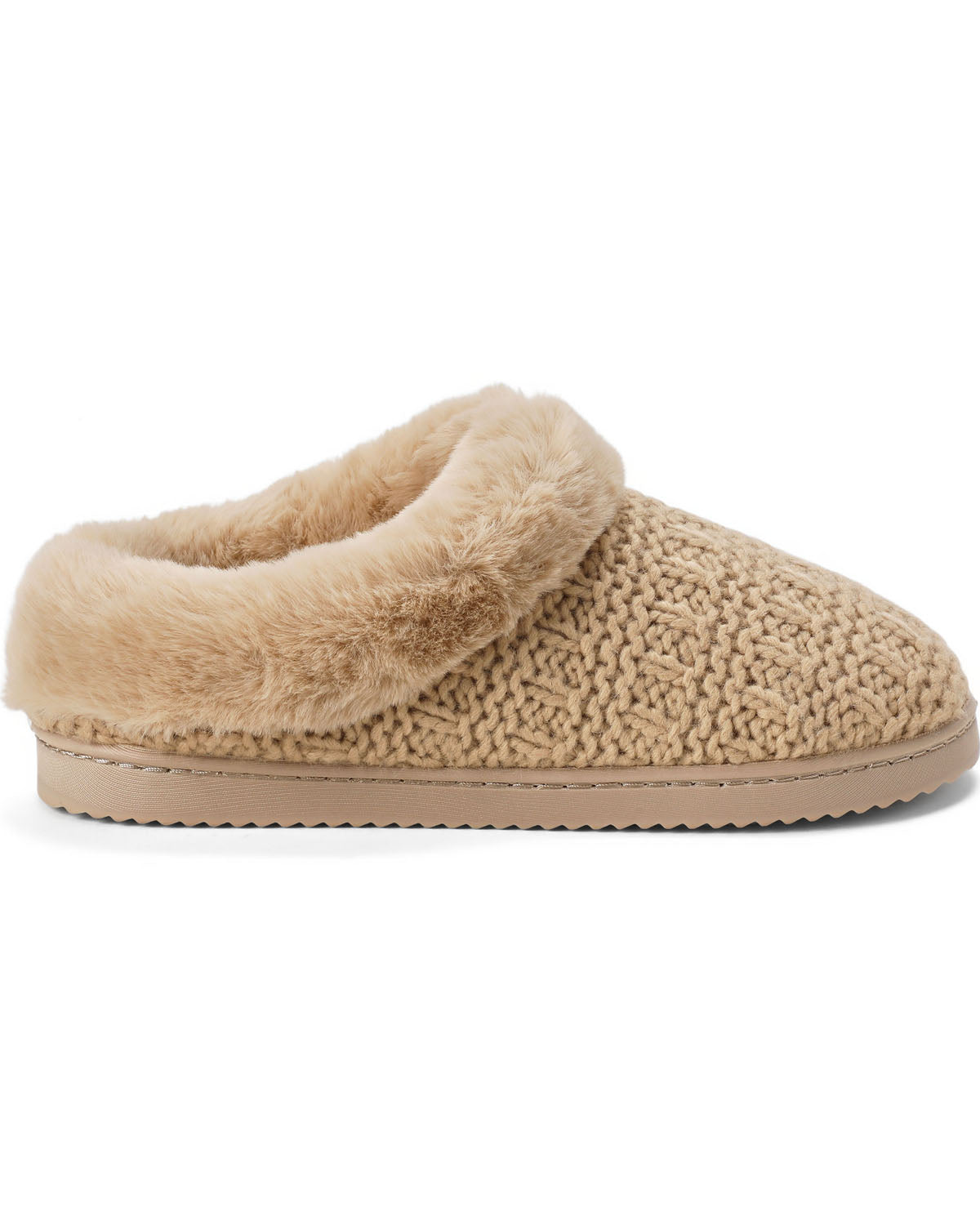 A single beige knit slipper with a soft tan faux-fur collar and a matching tan sole, shown from a side profile on a white background.