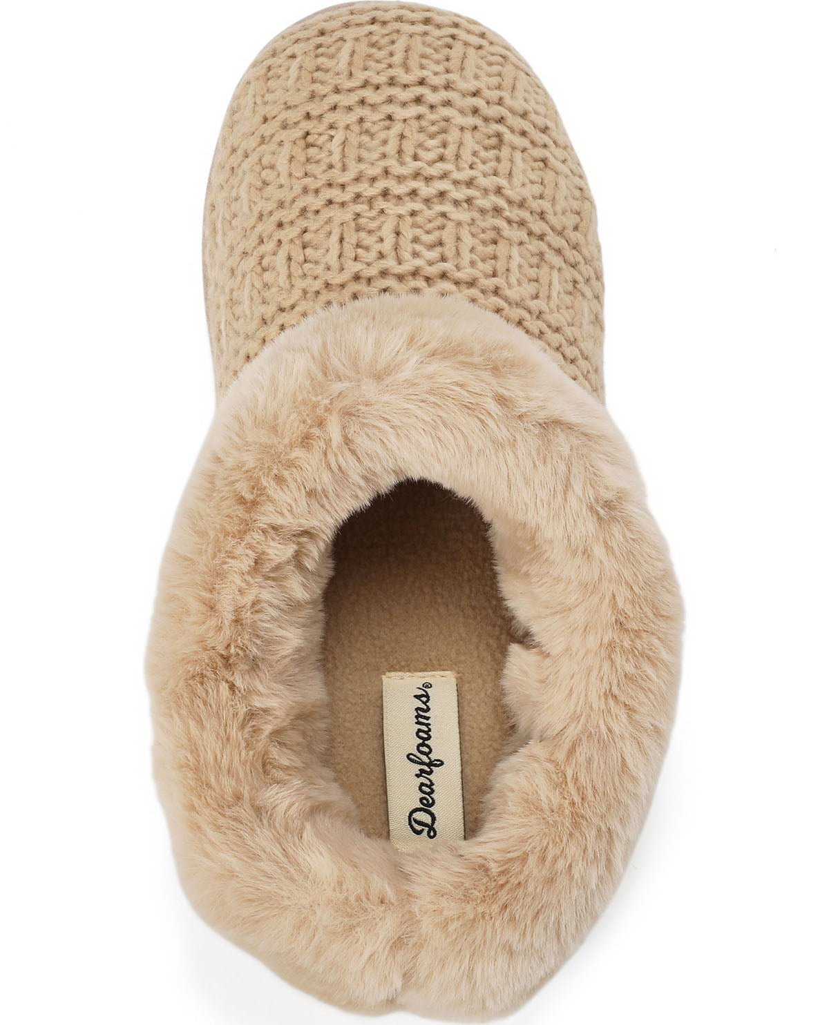 A single beige slip-on slouchy slipper with a chunky knit upper and plush faux-fur trim, shown from a top-down view on a white background. The brand name 'Dearfoamers' is visible on the insole.