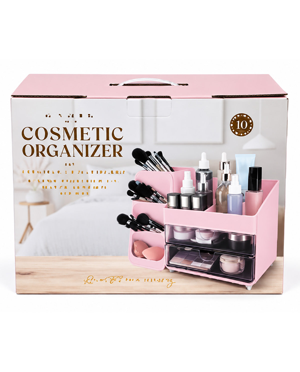 Pink 10-compartment cosmetic organizer in its retail packaging, featuring a tiered design with drawers and brush holders, shown on a white background.