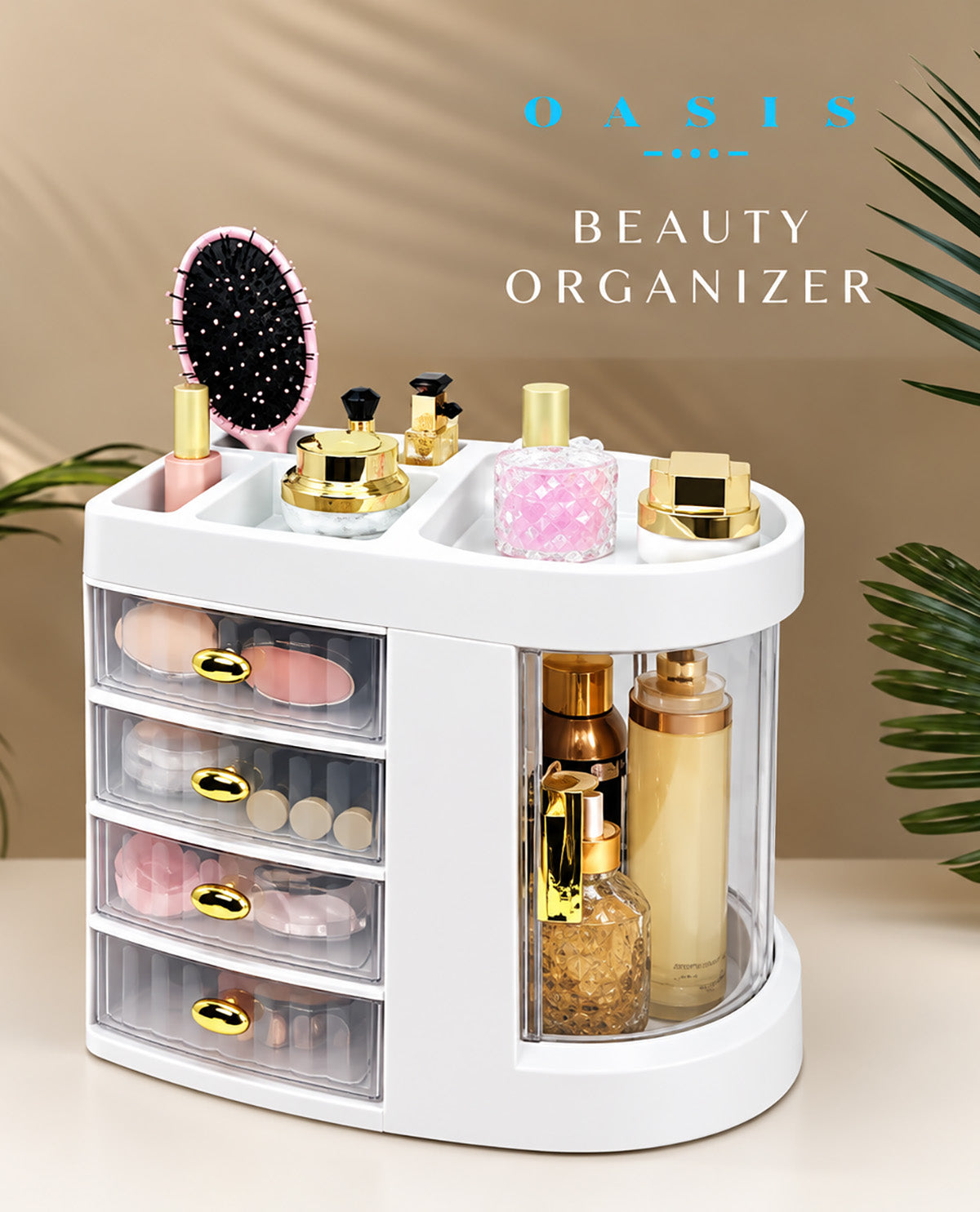 White round beauty organizer with multiple compartments, clear drawers with gold handles, and transparent side panels, shown holding cosmetics and bottles on a beige surface with decorative leaves and text reading 'OASIS BEAUTY ORGANIZER'.