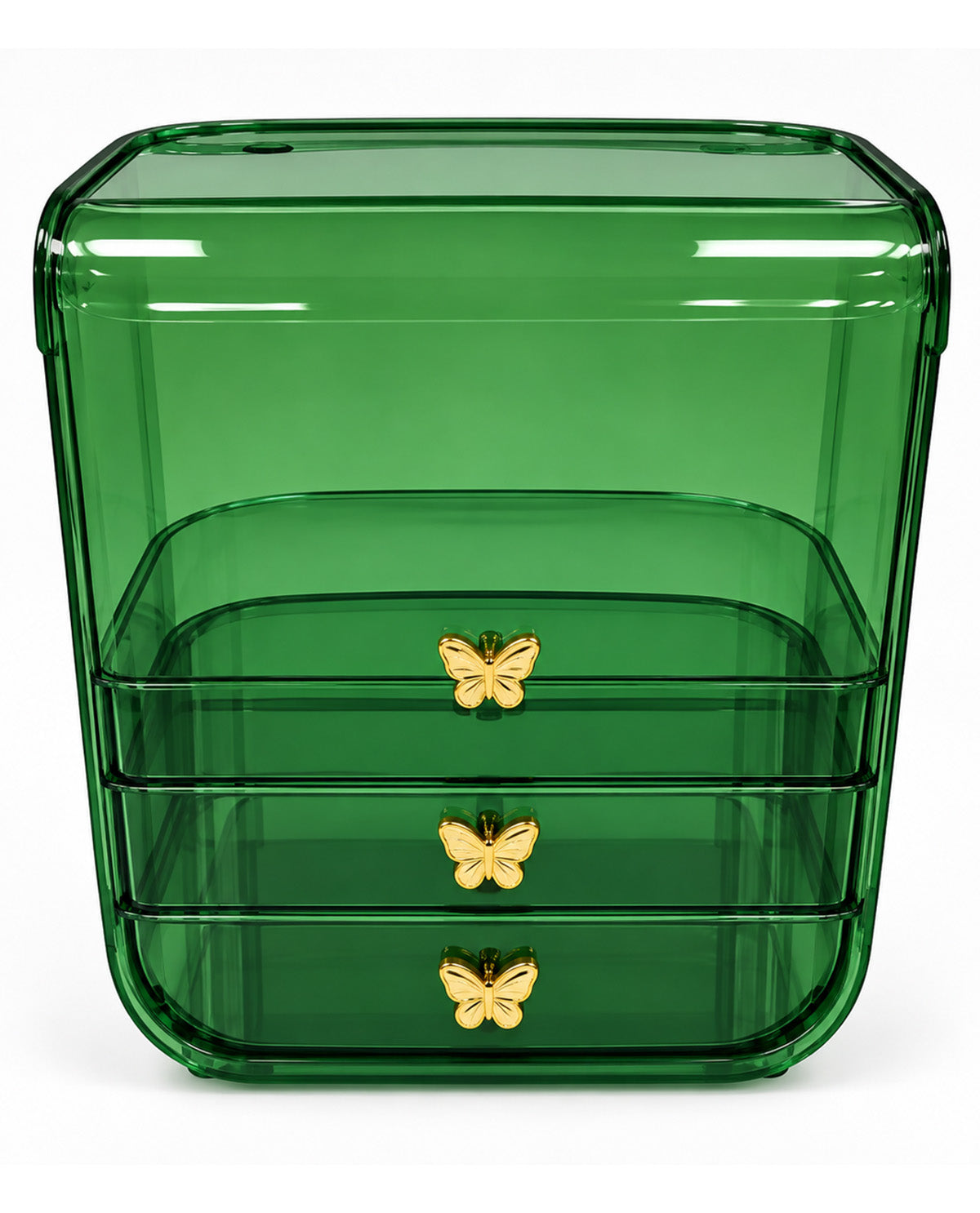 A translucent green plastic organizer box with three drawers, each featuring a small gold butterfly handle, shown on a clean white background.