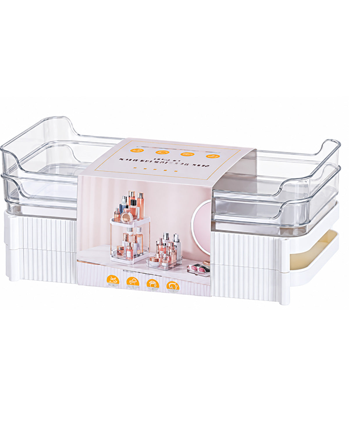 A white and clear plastic makeup organizer tray with a pink insert card displaying cosmetics, isolated on a white background.