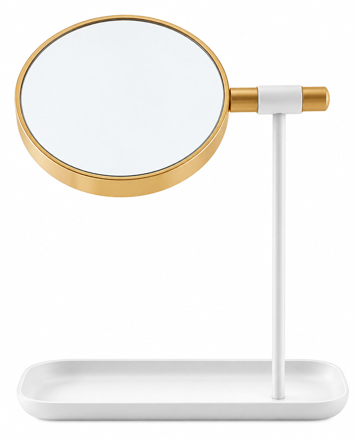 A modern vanity mirror with a round gold-toned frame, white stand, and matching white tray base, shown on a clean white background.