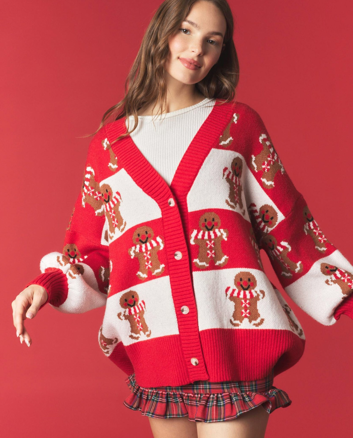 Peach Love Gingerbread Christmas Cardigan Sweater Red/White