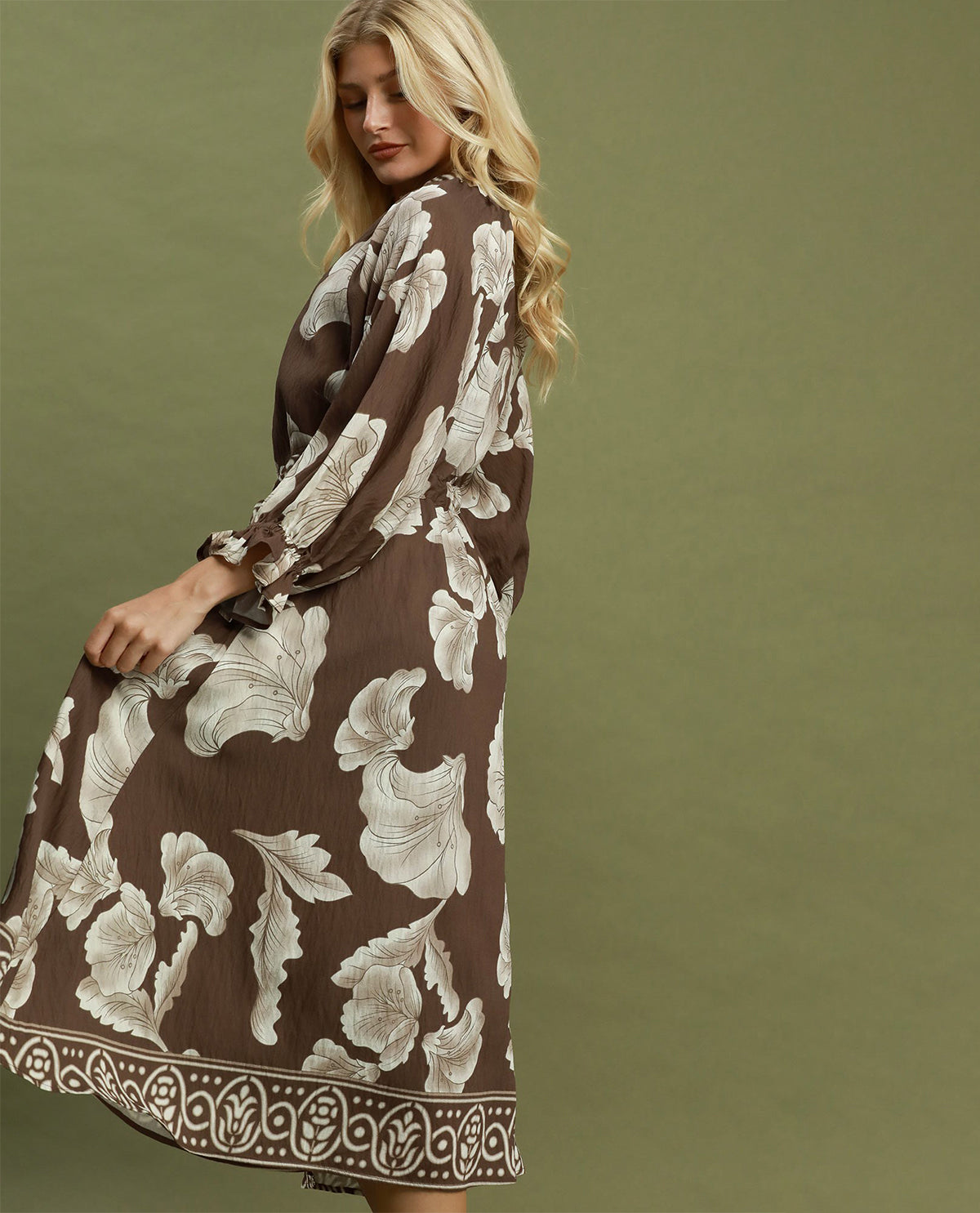 Umgee V-Neck Print Dress With Tie Waist Brown