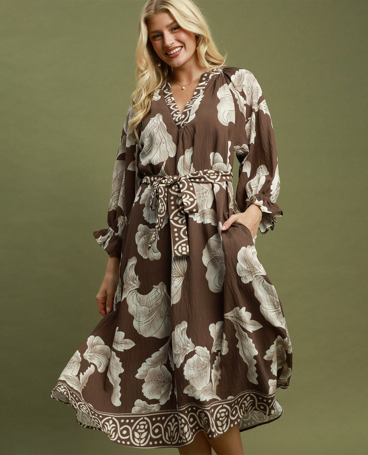 Umgee V-Neck Print Dress With Tie Waist Brown