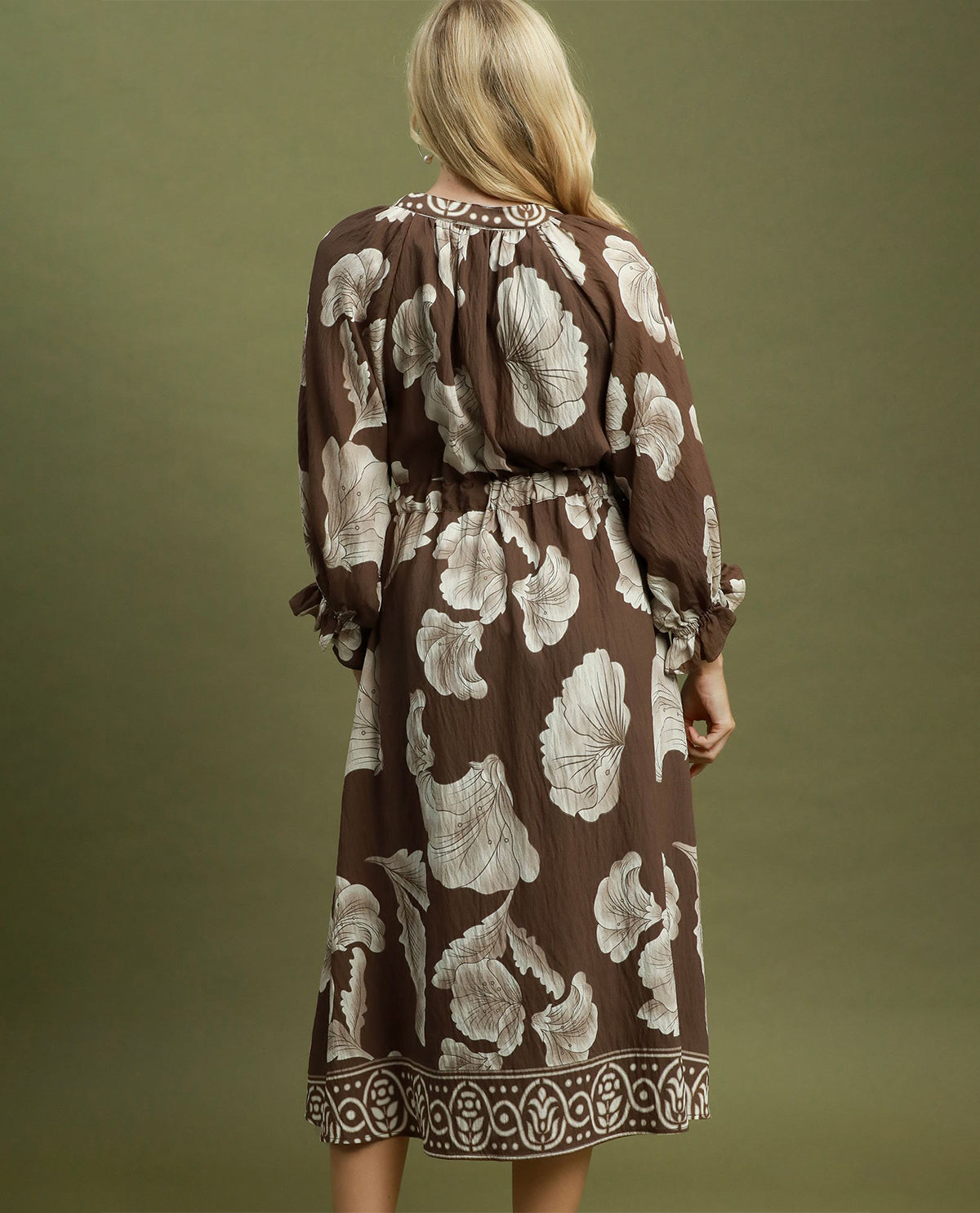 Umgee V-Neck Print Dress With Tie Waist Brown