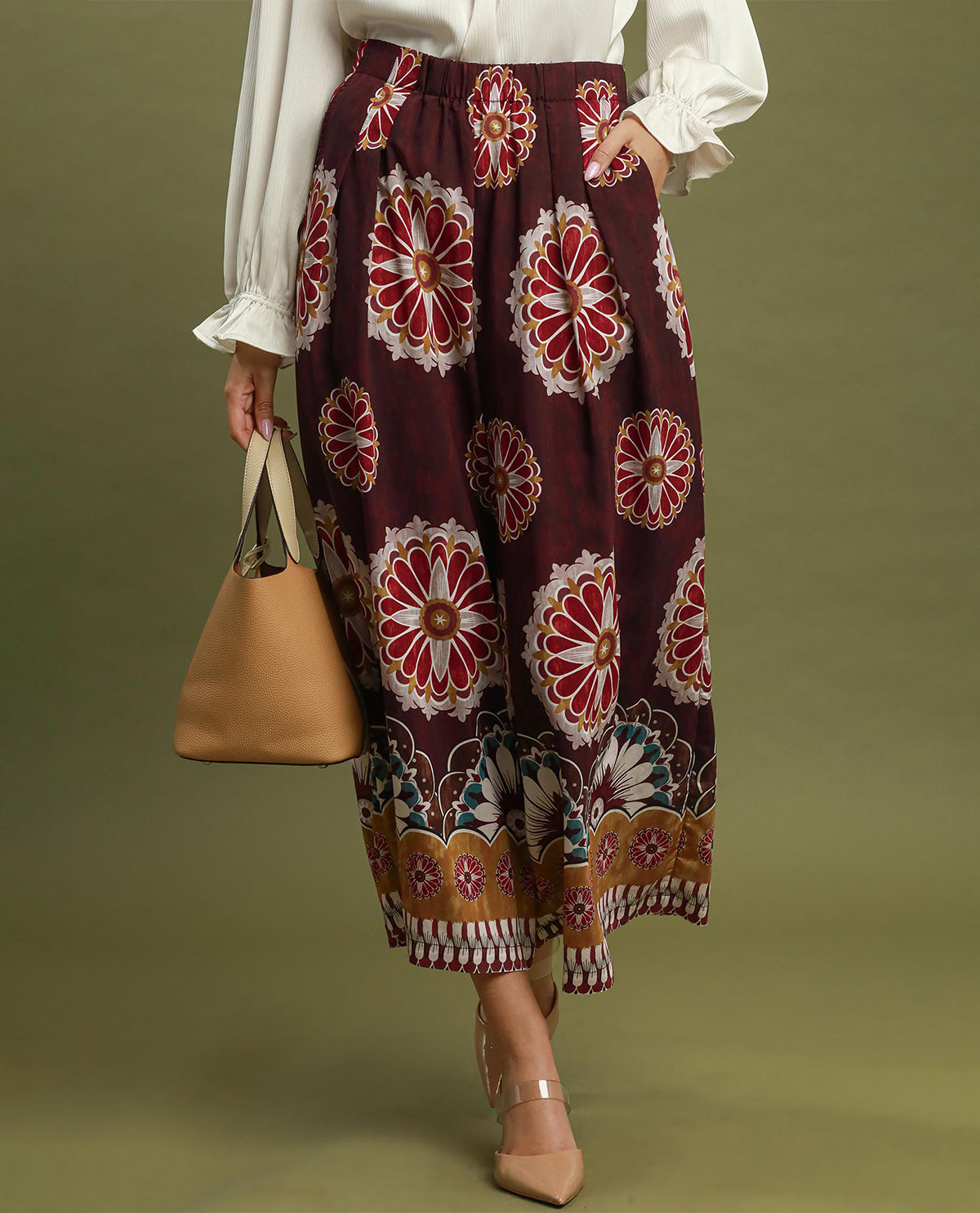 Umgee Print Wide Leg Pant Merlot