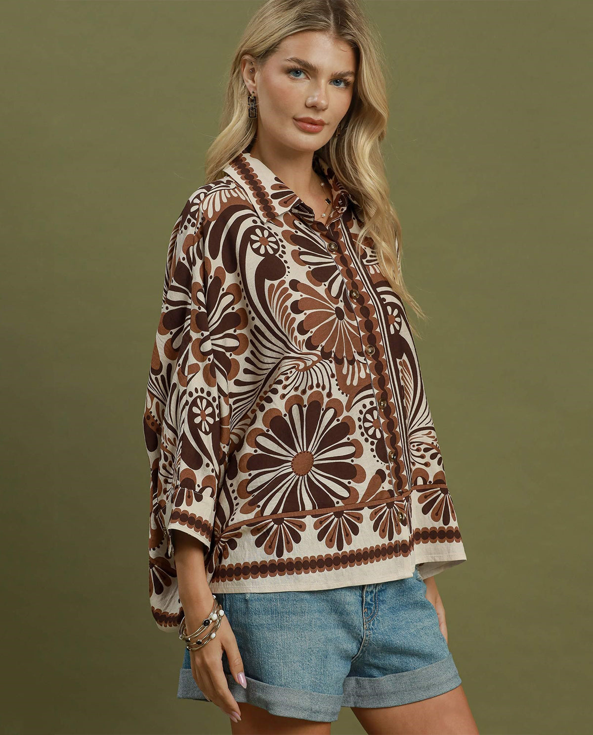 Umgee Boho Border Print Button Down Top Brown