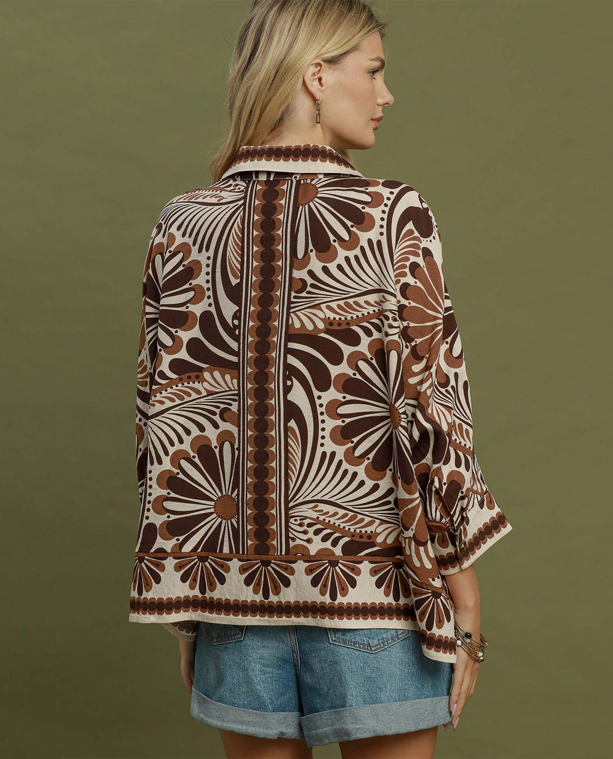 Umgee Boho Border Print Button Down Top Brown