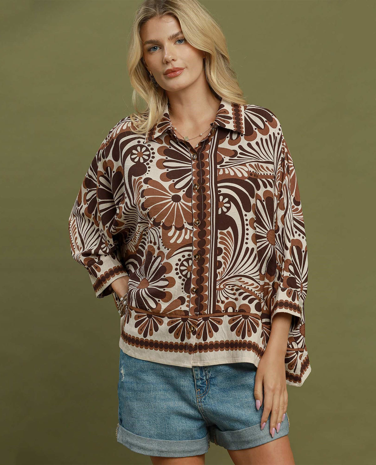 Umgee Boho Border Print Button Down Top Brown