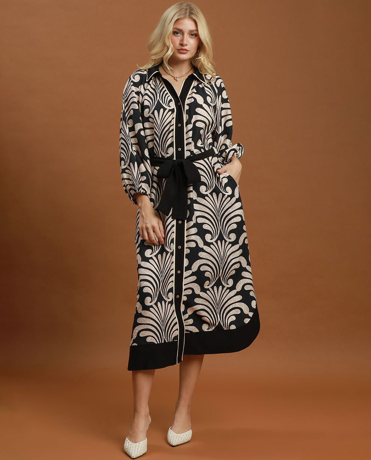 Umgee Print Button Down Maxi Dress Black