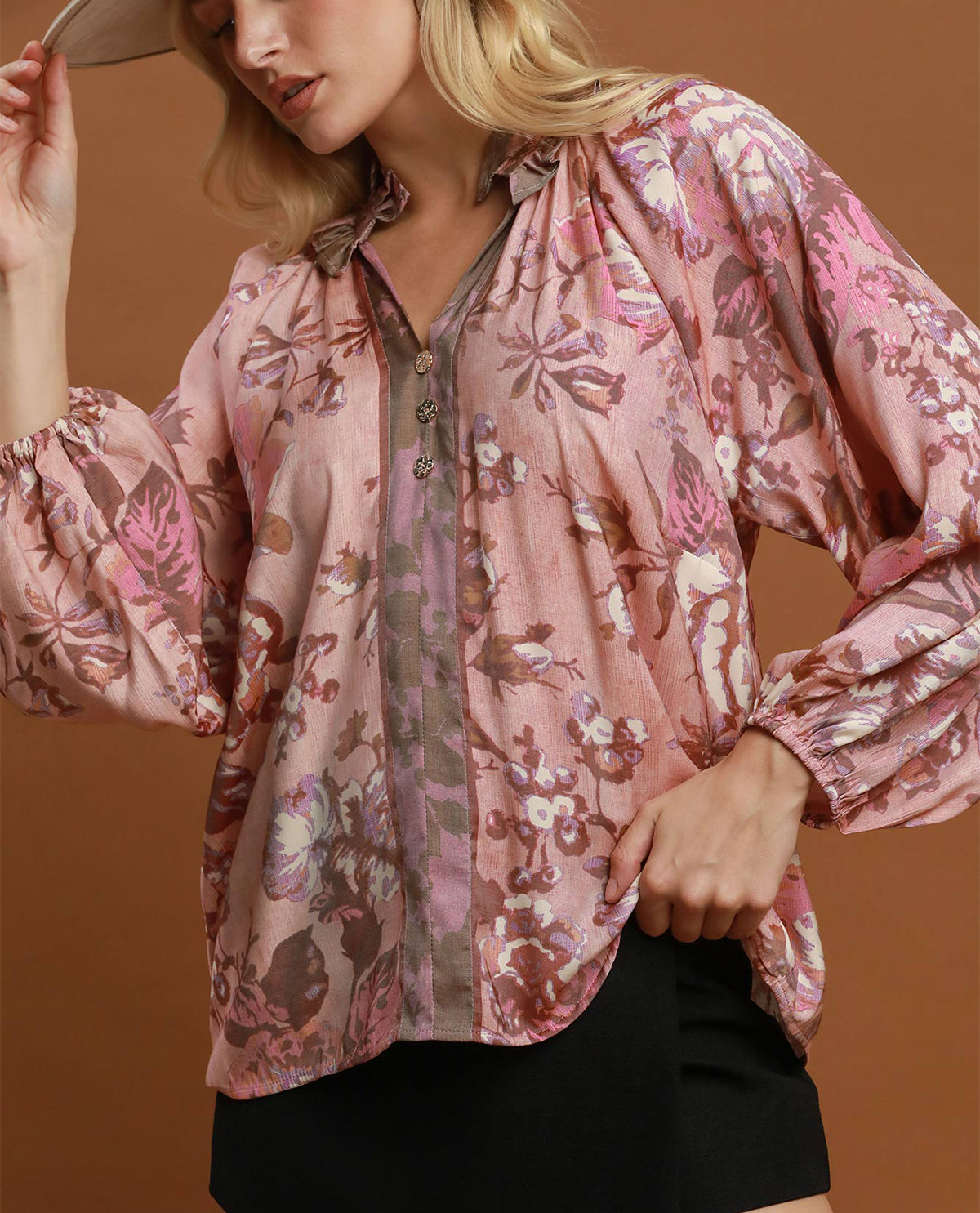 Umgee Floral Print Puff Sleeve Top Rose