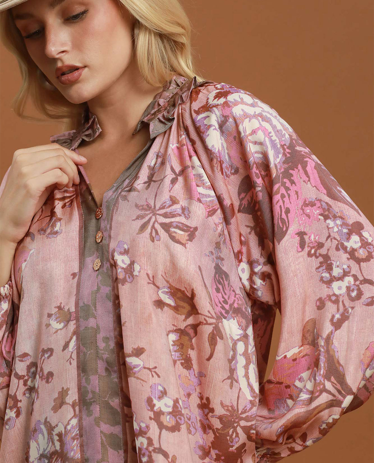 Umgee Floral Print Puff Sleeve Top Rose