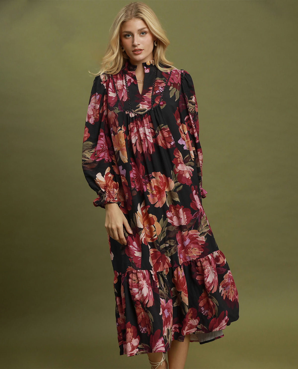 Umgee Floral Tiered Dress Black Mix