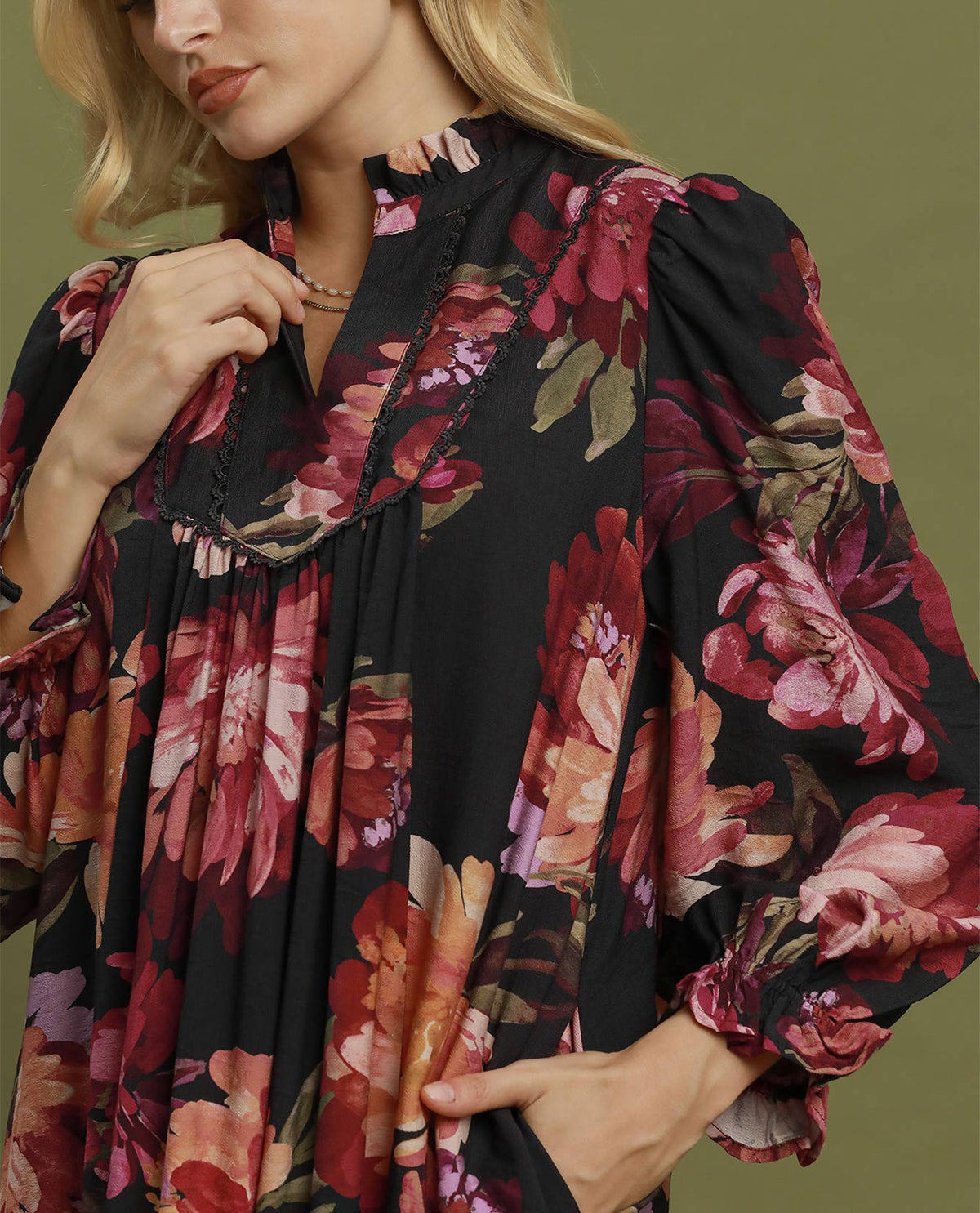 Umgee Floral Tiered Dress Black Mix