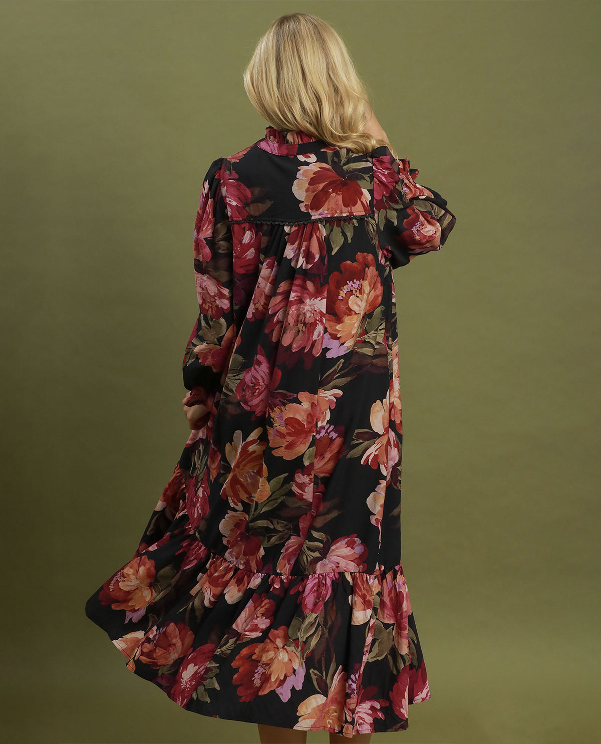 Umgee Floral Tiered Dress Black Mix