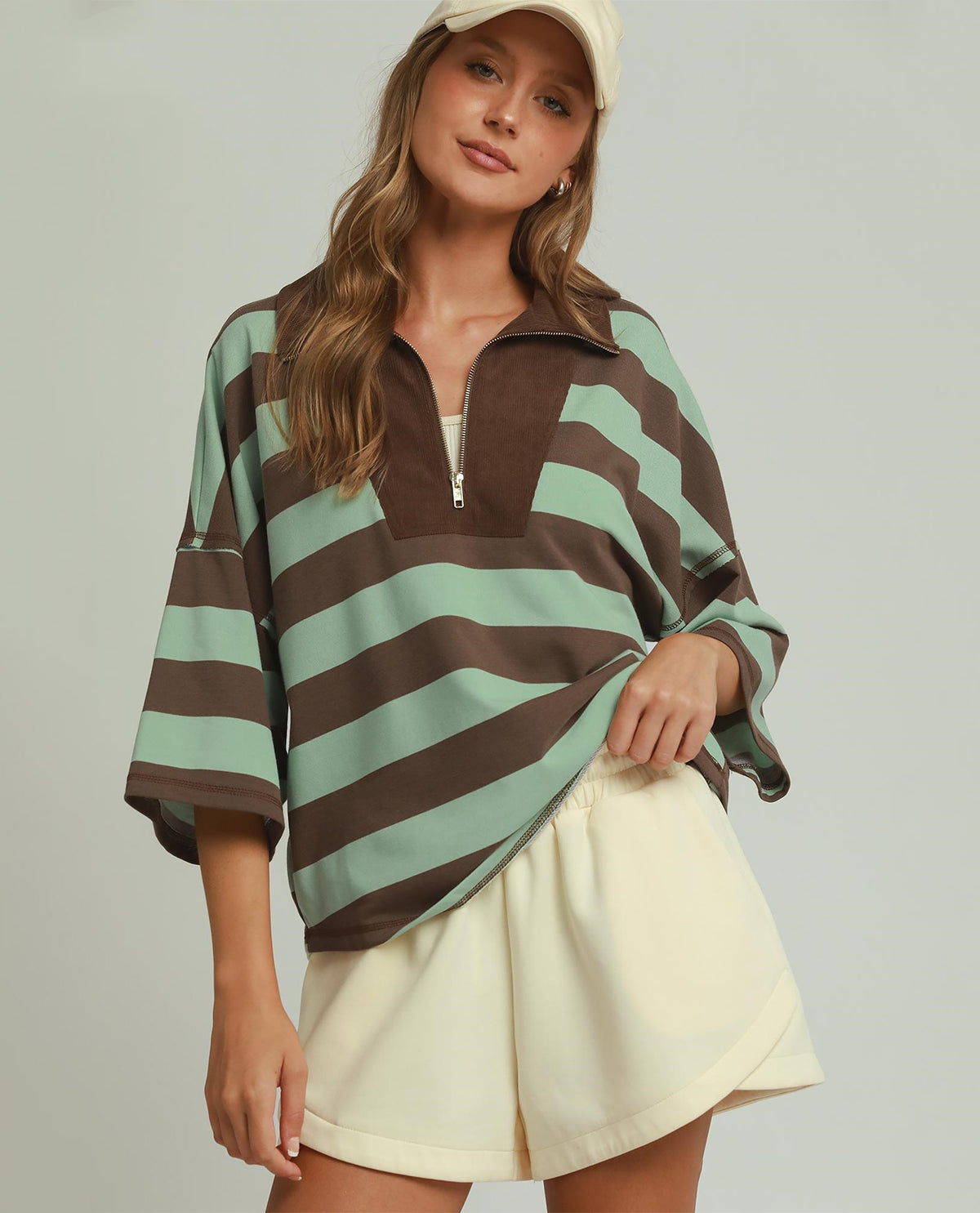 Umgee Stripe 1/4 Zip With Corduroy Collar Brown/Sage