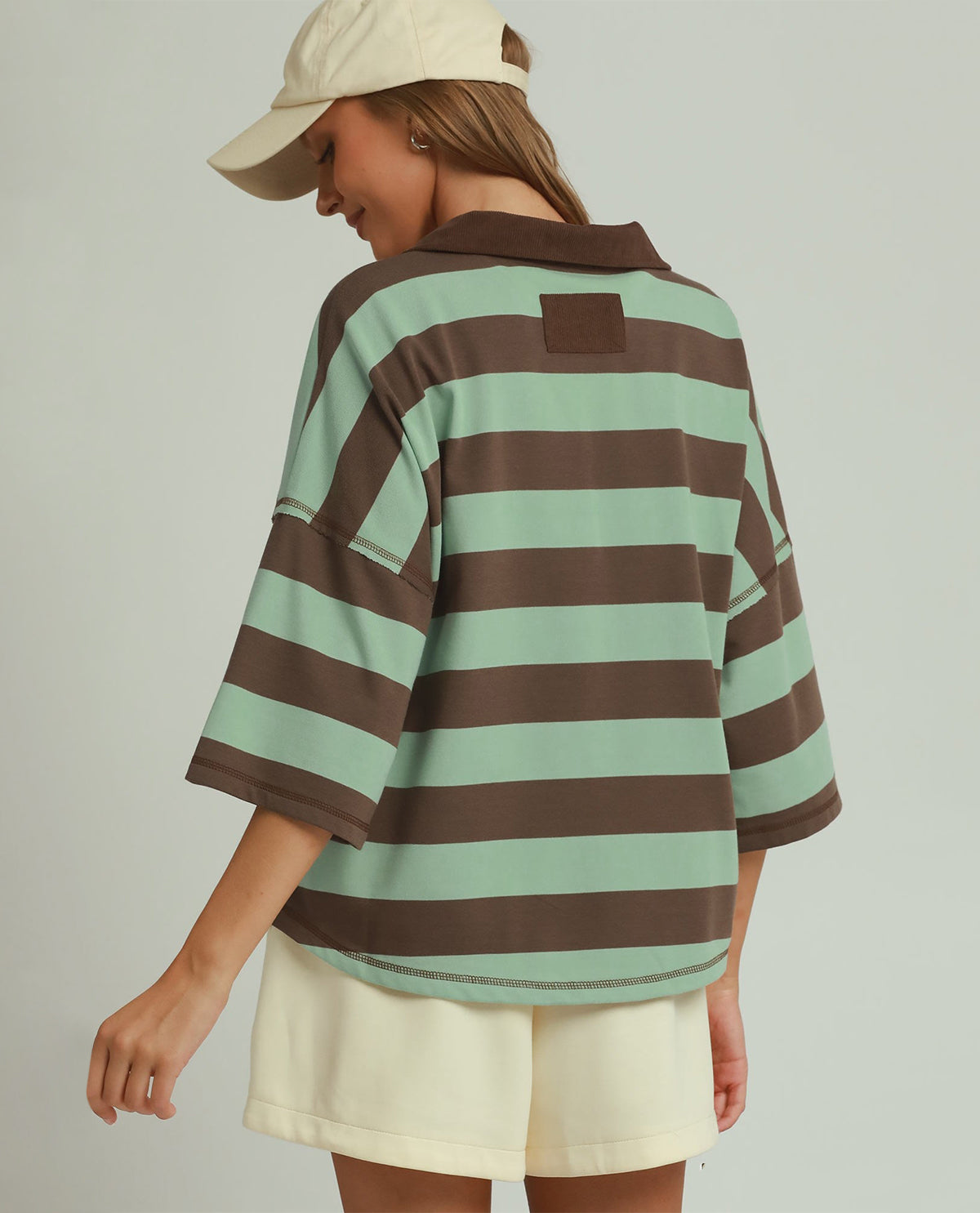 Umgee Stripe 1/4 Zip With Corduroy Collar Brown/Sage